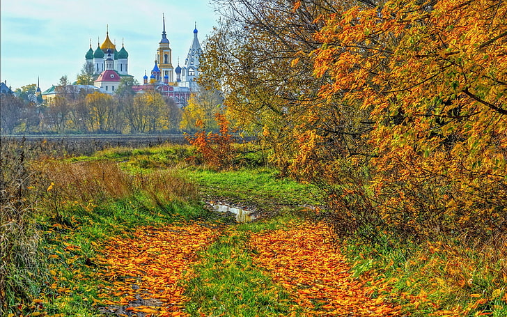 grass field near river, kolomna, russia, autumn, temple, trees, HD wallpaper
