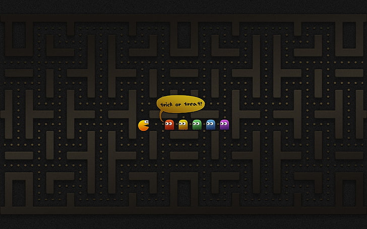trick or treat text overlay, video games, minimalism, Pacman, HD wallpaper