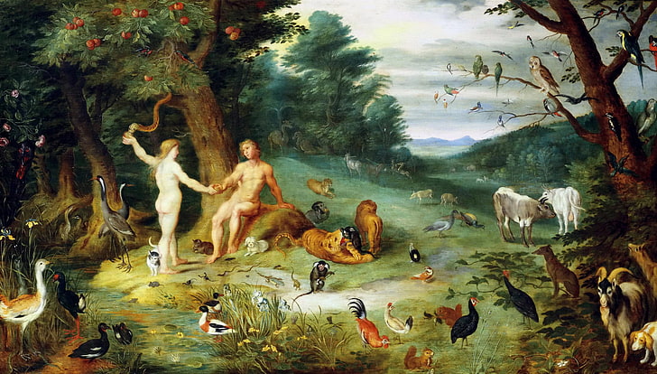 Adan and Eve painting, Paradise, picture, mythology, Jan Brueghel the younger, HD wallpaper