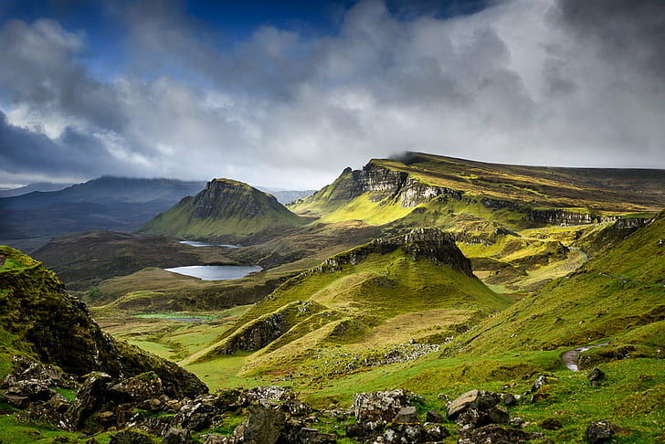 green mountains with lakes, quiraing, quiraing, Landscape, blue sky, HD wallpaper