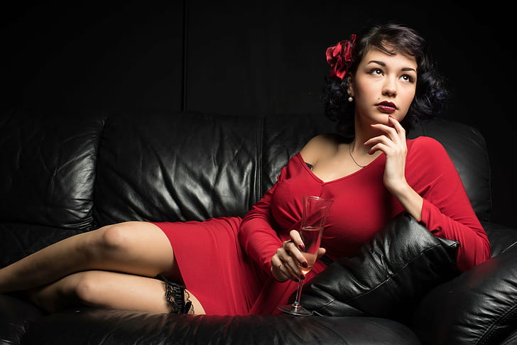 woman in red dress laying on couch, Valentines, Explored, bow