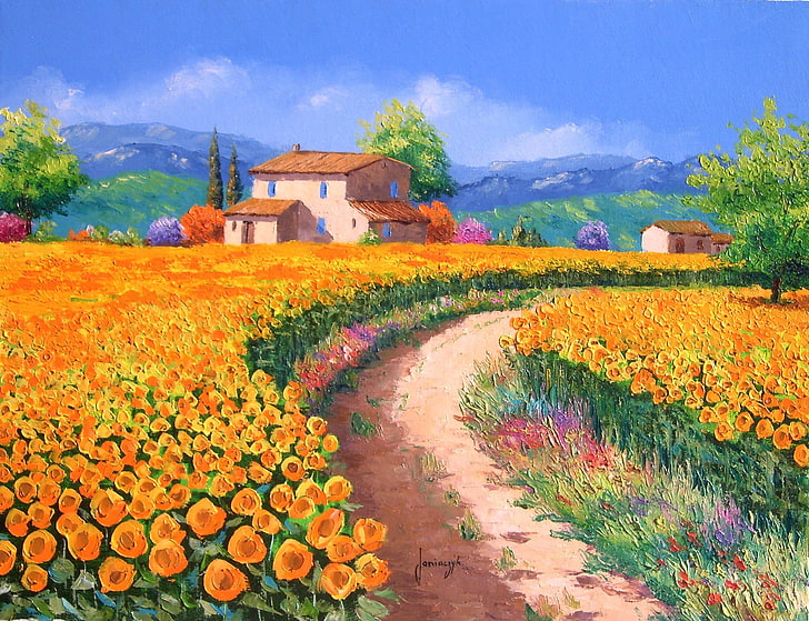 white and brown concrete house beside flowers painting, road
