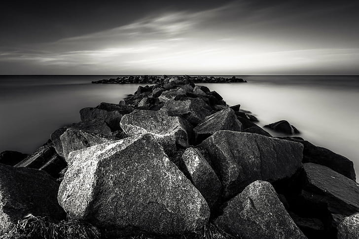 grayscale photo of rock formation near body of water, Mein, Weg, HD wallpaper