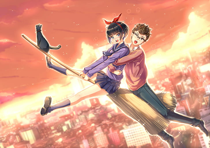 Kiki's Delivery Service, witch, witches broom, flying, cat, HD wallpaper
