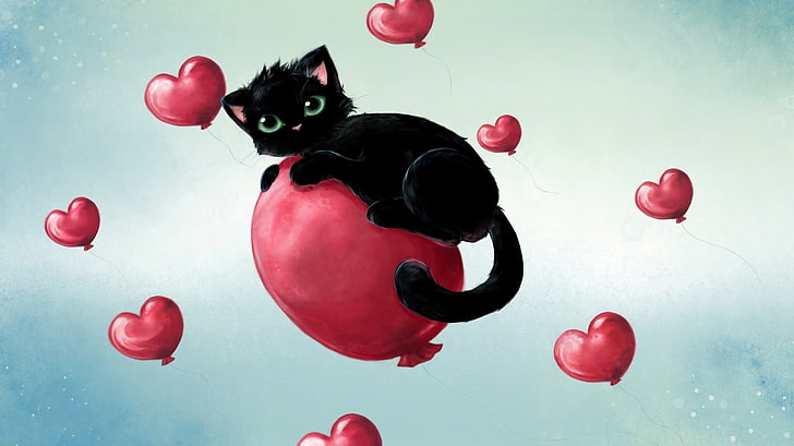 black cat on a red heart balloon, black cats, artwork, animals, HD wallpaper