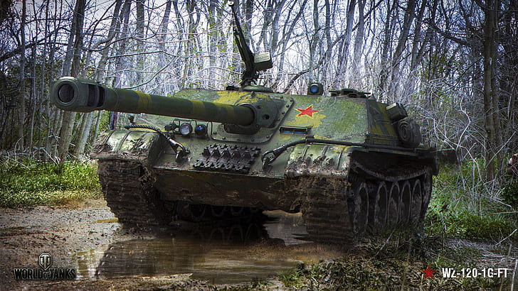 road, forest, trees, dirt, art, puddles, Chinese, World of Tanks HD wallpaper