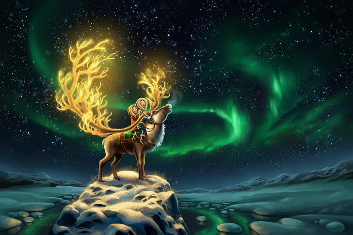 The sky, Night, Stars, Snow, Children, Deer, Aurora, Fantasy, HD wallpaper