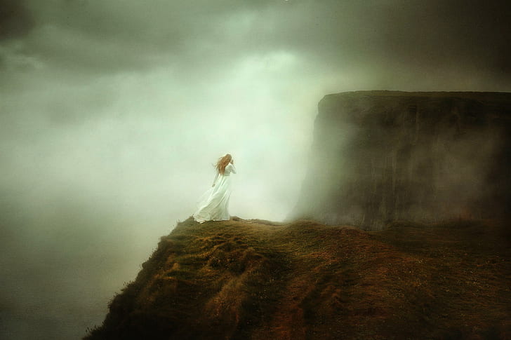 girl, fog, open, TJ Drysdale, Cliffs of Moher