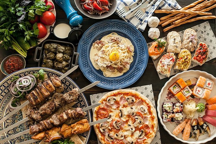 Food, Still Life, Barbecue, Egg, Meat, Pasta, Pizza, Sushi, HD wallpaper