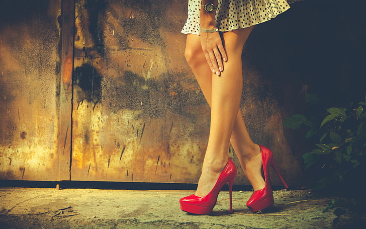 women, legs, heels, minidress, red heels, polka dots, skirt