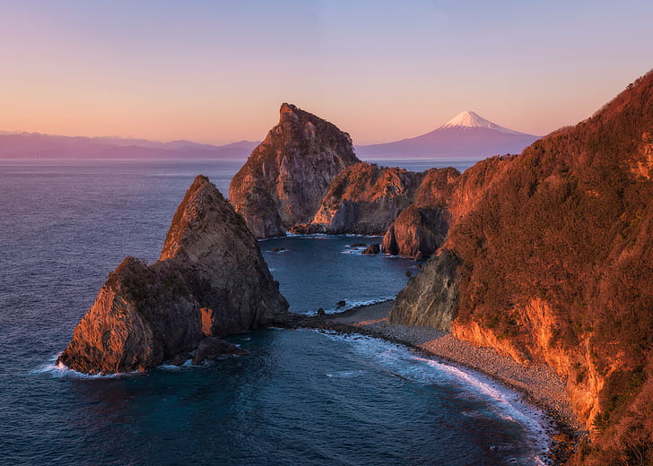 rock formation near ocean, Fuji  rock, Izu, Japan, Mt. Fuji, Shizuoka, HD wallpaper