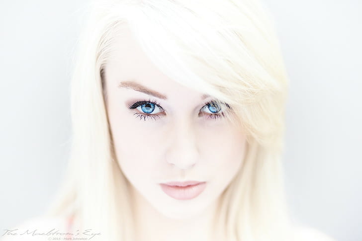 women, blonde, closeup, face, blue eyes, simple background