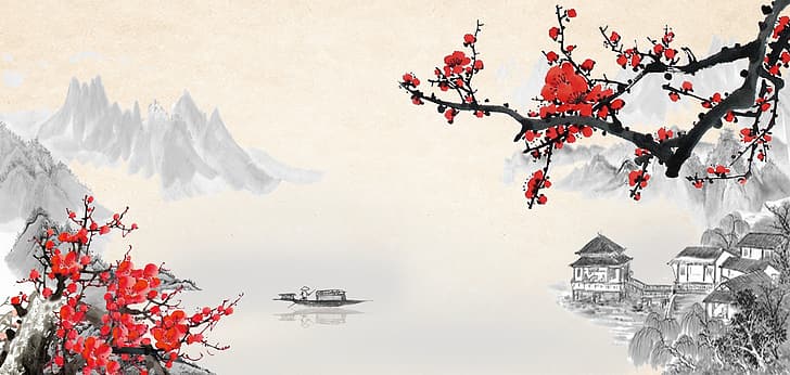 red background, Japan, Asia, pagoda, nihonga, taisho, showa, HD wallpaper
