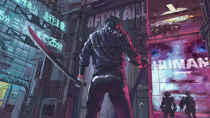 man holding sword illustration, futuristic, cyberpunk, artwork, HD wallpaper