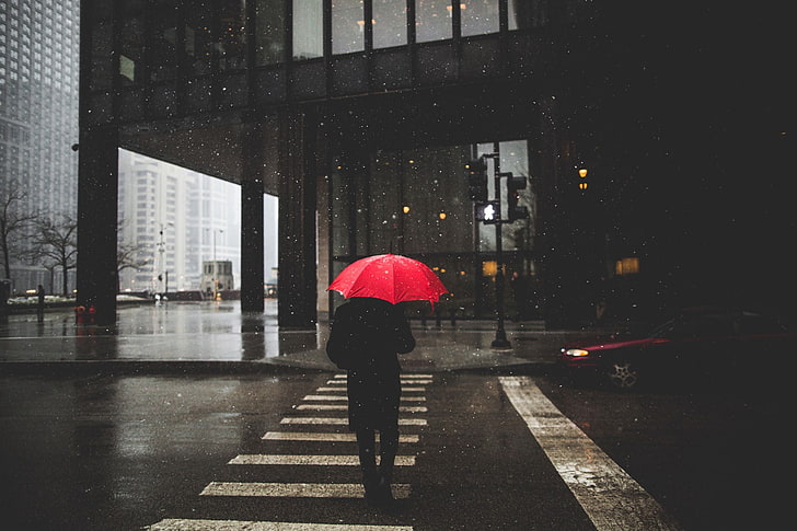 black and red table lamp, umbrella, street, rain, wet, city, protection, HD wallpaper