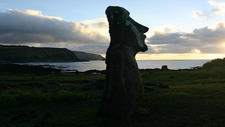 concrete statue, Easter Island, Moai, sky, cloud - sky, plant
