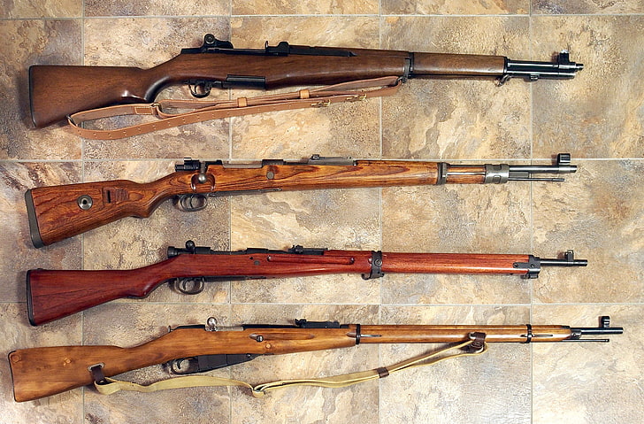 four brown hunting rifles, weapons, 1935, OBR, Mosin, the second world war