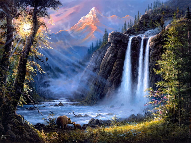 Jesse Barnes art painting, landscape, waterfalls, trees, bears, green, black, blue, and orange artwork of  waterfall
