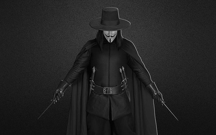 man with black suit, mask, daggers, V for Vendetta, men, hat