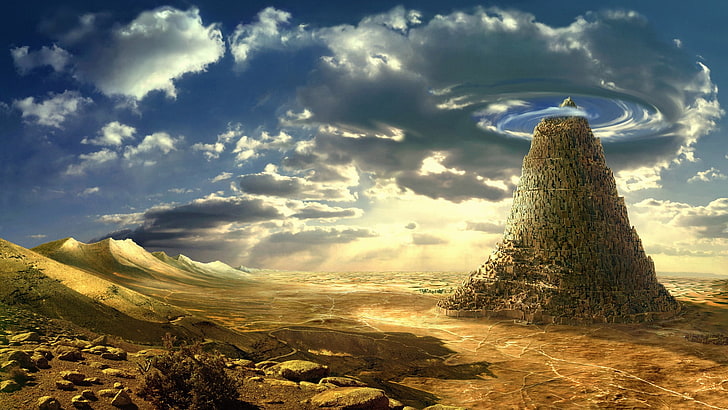 green mountain, babylone, tower, Tower of Babel, fantasy art, HD wallpaper