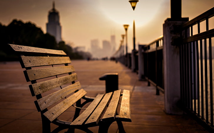 brown wooden bench, sea, light, the city, Park, background, lamp, HD wallpaper