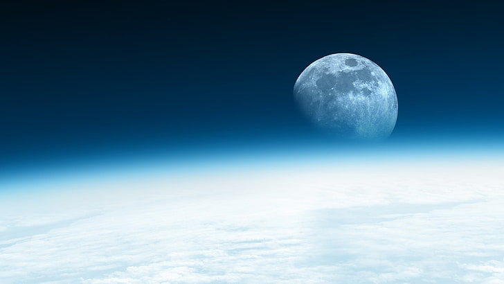 moon on outer space, atmosphere, clouds, sky, cloud - sky, blue, HD wallpaper