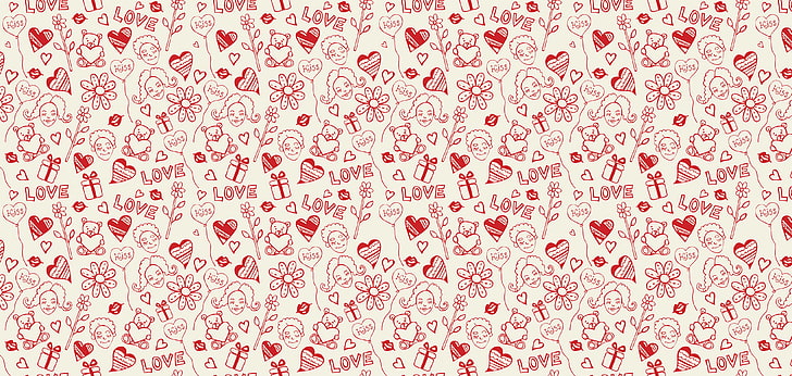 white and red floral heart doodle art wallpaper, girl, love, face, HD wallpaper