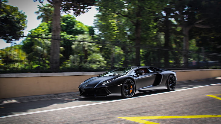 black sports car, Lamborghini Aventador, transportation, mode of transportation, HD wallpaper