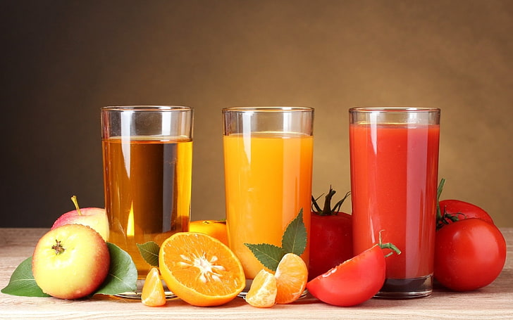 tomato, orange, and apple juices, glasses, fruit, freshness, drink