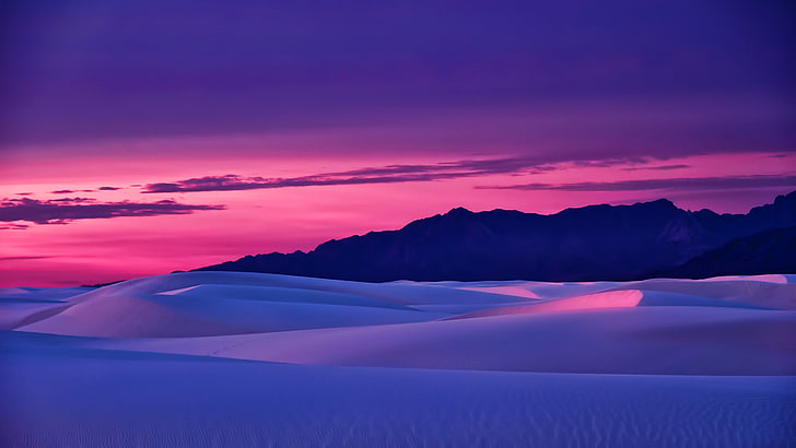 white desert field, sunset, mountains, sky, landscape, sand, beauty in nature, HD wallpaper