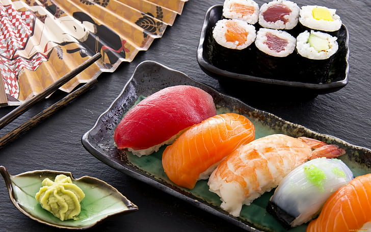 sushi, food, seafood, dishes, HD wallpaper