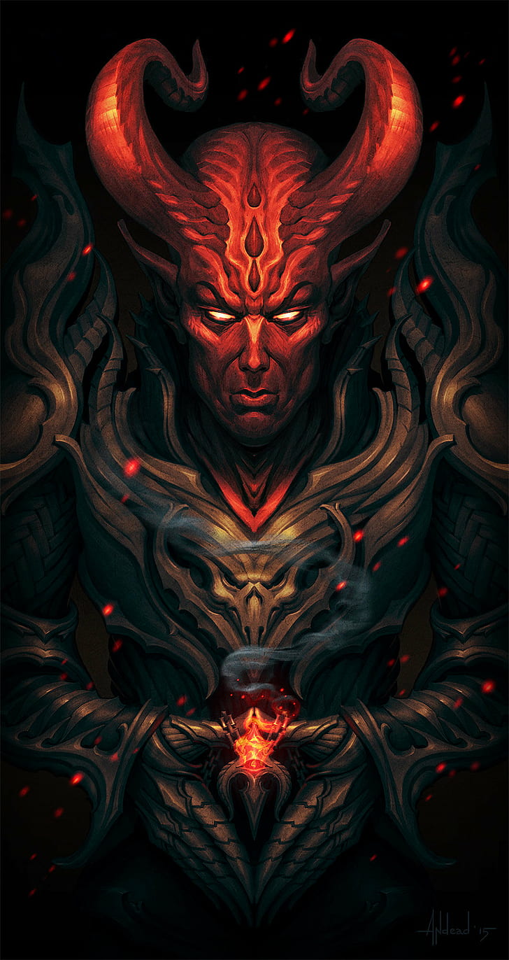 Andrey Maximov, demon, Devil, armor, dark, sparks, drawing, HD wallpaper