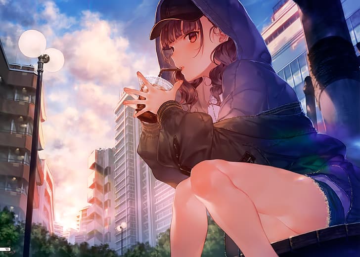 anime girls, soda, baseball cap, hot pants, hoods