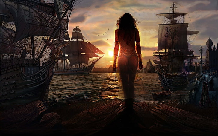woman standing near body of water surrounded by ships illustration
