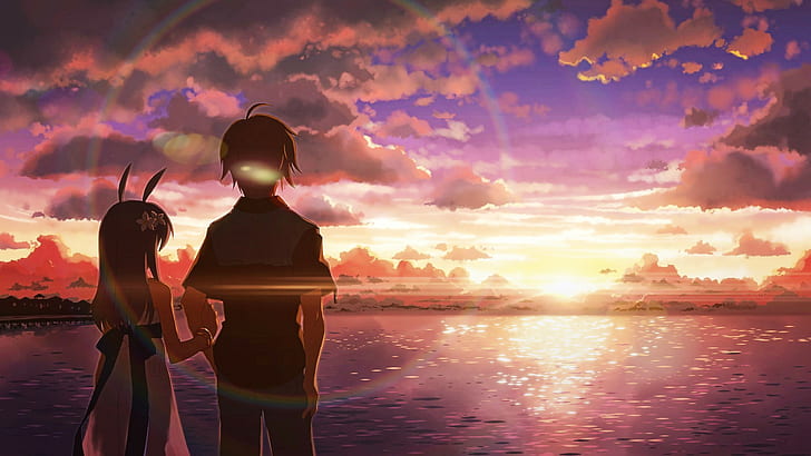Anime Girls, Anime, Boy, Back, Sunshine, Clouds, River, HD wallpaper