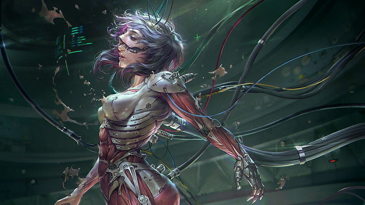 woman cyborg illustration, Ghost in the Shell, wires, science fiction