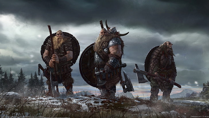 three men holding armor wallpaper, Vikings, Nordic, warrior, Axe