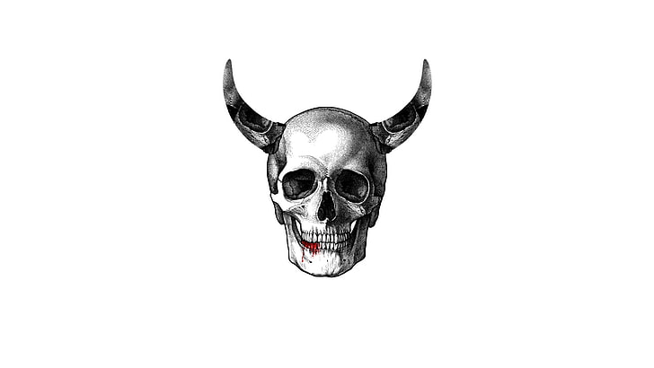skull, blood, white background, demon horns, mammal, animal themes, HD wallpaper