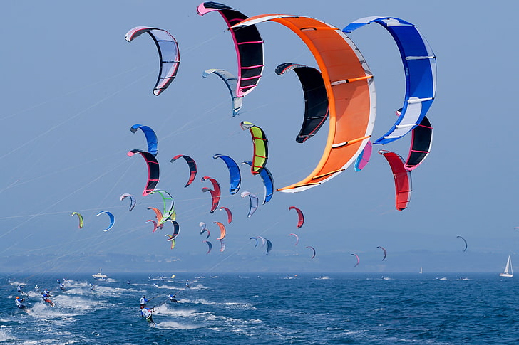multicolored kite surfing lot, kitesurfing, sport , sea, water, HD wallpaper