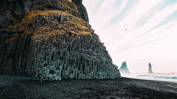 nature, sea, rock, cliff, Reynisfjara, Iceland, coast, beach, HD wallpaper