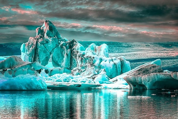 ice age digital wallpaper, glaciers, water, clouds, reflection