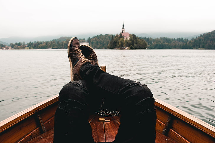 shoes, boat, sea, chapel, island, Slovenia, Lake Bled, European Union, HD wallpaper