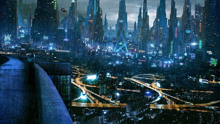 Rainy futuristic city, city skyline, fantasy, 2560x1440, future, HD wallpaper