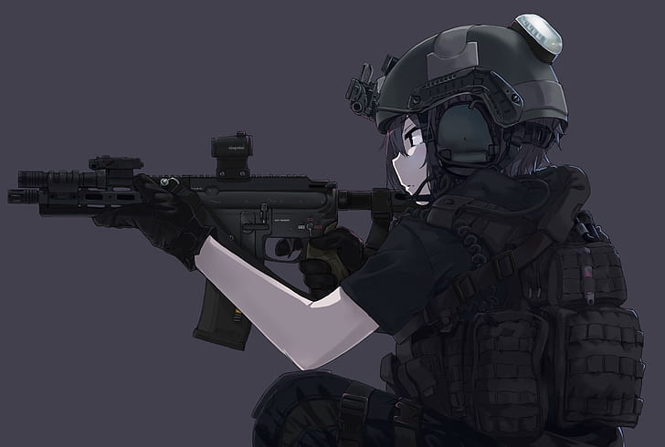 anime girl, gunner, military uniform, profile view