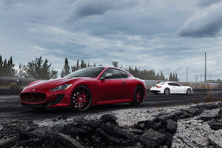 red Maserati Grand Turismo, granturismo, mc, side view, car, land Vehicle