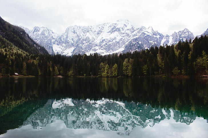 nature, water, snow, trees, mountains, lake, reflection, snowy peak