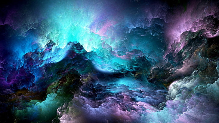 multicolored clouds wallpaper, nebula, space, colorful, cyan