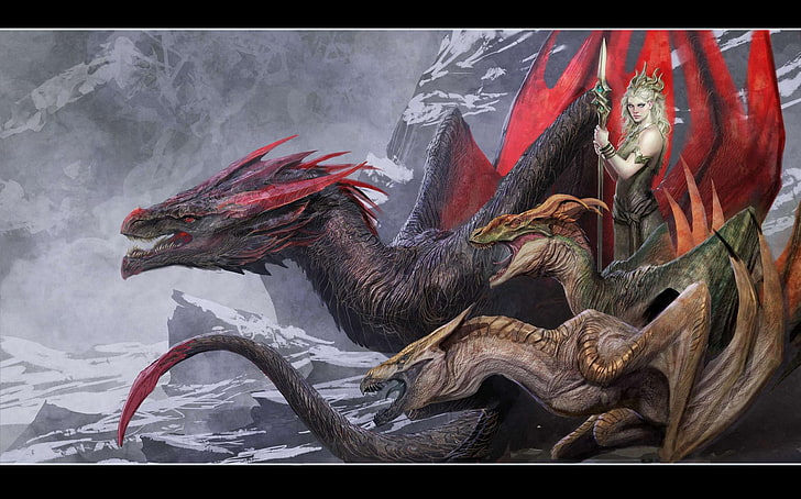 queen and three dragons digital wallpaper, art, Game of Thrones