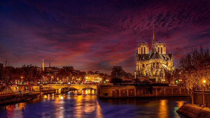 evening, europe, france, paris, notre dame, seine, river, lighting, HD wallpaper