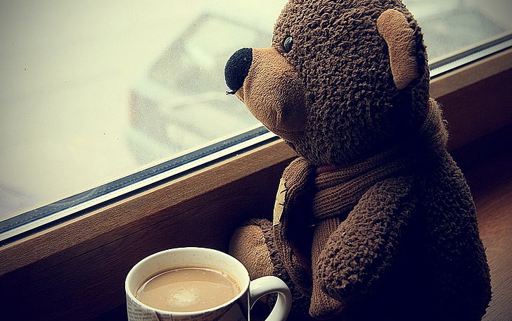brown teddy bear, teddy bears, coffee, cup, window, sitting, scarf